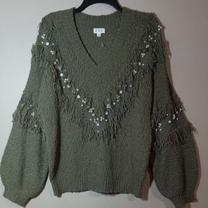 POL Rhinestone and Pearl Embellished Fringe Balloon Sleeve Sweater
